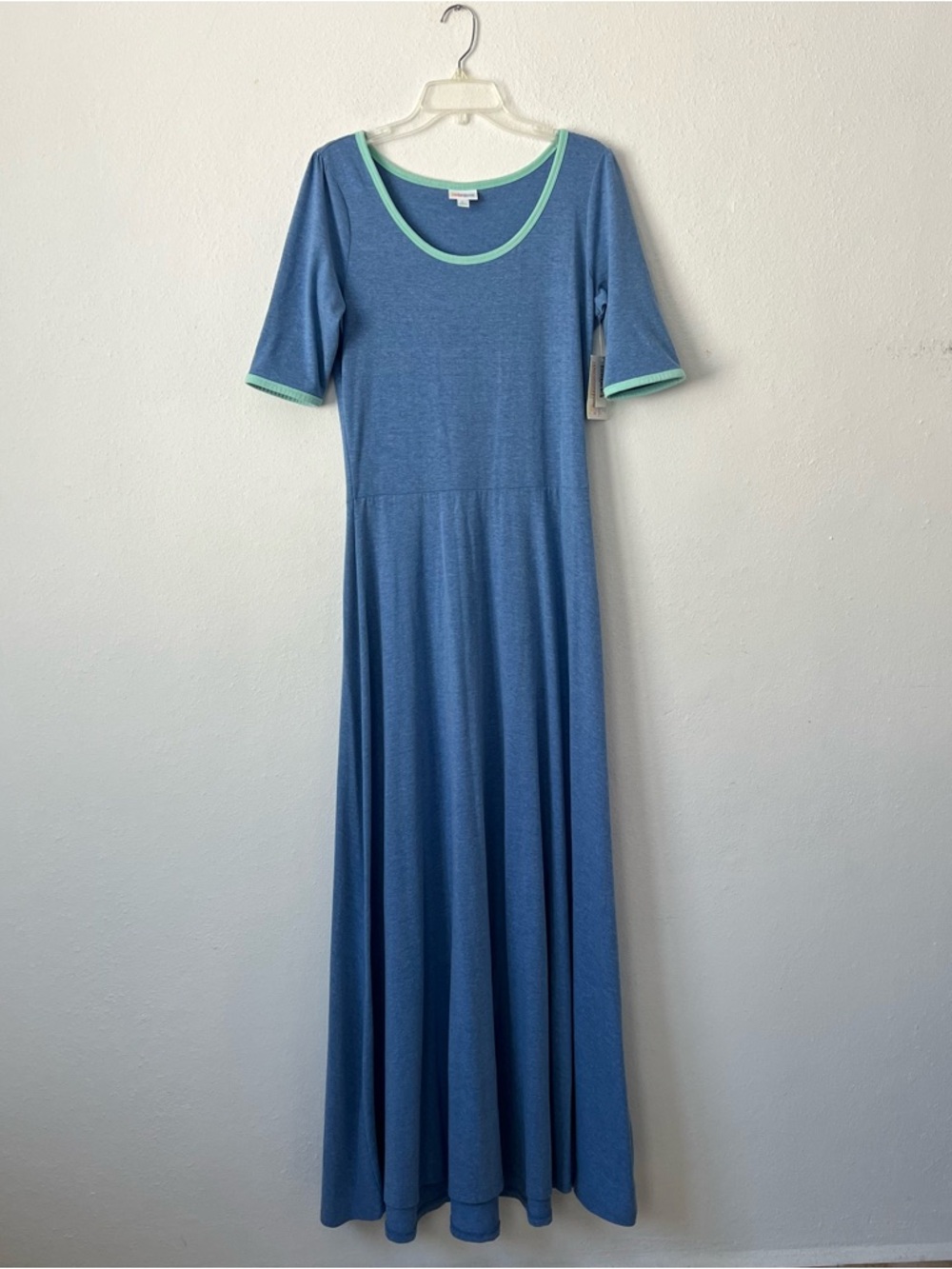 LuLaRoe Ana Maxi Dress  Boho Blue Heather with Mint Trim Short Sleeves Size L - Picture 3 of 15
